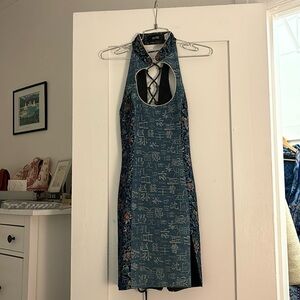 Kim Shui denim brocade lace up back neck closure dress size M